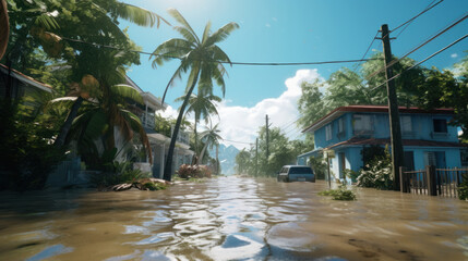 Aftermath of Nature's Wrath: Submerged Streets on a Tropical Island, A Stark Reminder of Climate Change's Amplifying Storms. - obrazy, fototapety, plakaty