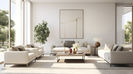 Fototapeta na wymiar Discover the epitome of modern design in this highly detailed photograph. It showcases a minimalist living room with sleek furniture, clean lines, and ample natural light.