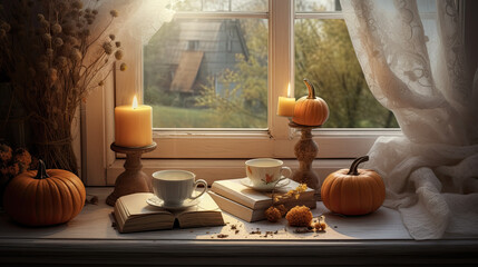 books, a cup of tea and pumpkins on a windowsill