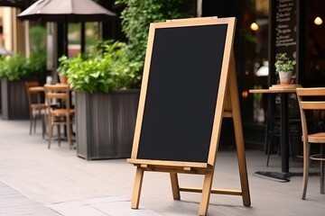 Blank restaurant shop sign or menu boards near the entrance to restaurant. Cafe menu on the street. Blackboard sign mockup in front of a restaurant. Signboard, freestanding A-frame, Generative AI
