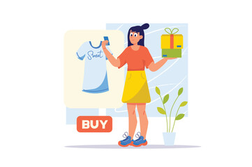 Online shopping concept with people scene in the flat cartoon design. The girl orders new clothes in an online store so as not to waste time shopping. Vector illustration.