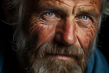 Extreme close up of an old gray-haired man with pores in his skin