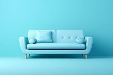 Soft blue sofa on blue background, 3D illustration. Modern minimalistic living room interior detail. Cosiness, social media and sale concept, creative advertisement, Generative AI