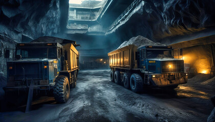 Double Loaded Trucks Moving Through Coal Pile in Mining Field - obrazy, fototapety, plakaty