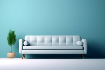 Soft blue sofa on blue background, 3D illustration. Modern minimalistic living room interior detail. Cosiness, social media and sale concept, creative advertisement, Generative AI