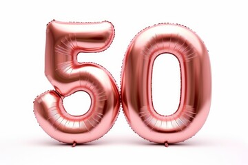 Number 50 fifty made of rose golden inflatable balloons isolated on white. Helium balloons, pink foil numbers. Party decoration, anniversary sign for holidays, celebration, birthday, Generative AI