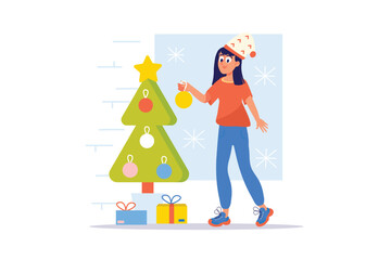Fototapeta premium Christmas concept with people scene in the flat cartoon style. The girl is preparing for the winter holidays and decorates the Christmas tree. Vector illustration.