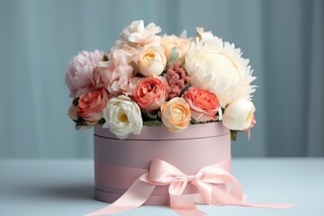 Flowers in round luxury present box. Bouquet of peonies and roses in paper box. Mock-up of hat box of flowers. Interior decoration in in pastel colors. Generative AI