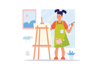 Concept designer with people scene in the flat cartoon style. A young designer draws a sketch of a design project that she later implements. Vector illustration.