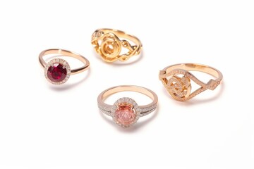 Luxury jewelry, pink and yellow gold. Golden diamond rings on white background. Different rings with diamonds and precious color gemstones, Generative AI