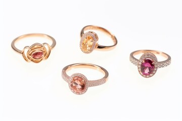 Luxury jewelry, pink and yellow gold. Golden diamond rings on white background. Different rings with diamonds and precious color gemstones, Generative AI