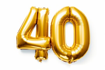 Number 40 forty made of golden inflatable balloons isolated on white. Helium balloons, gold foil numbers. Party decoration, anniversary sign for holidays, celebration, birthday, Generative AI