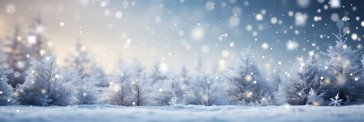 Snow falling, Christmas greeting card template, banner. Winter landscape, 