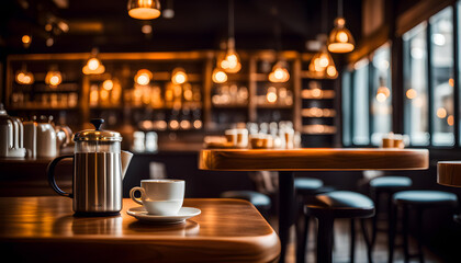 Coffee on cafe table and interior with glowing bokeh background