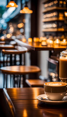 Coffee on cafe table and interior with glowing bokeh background