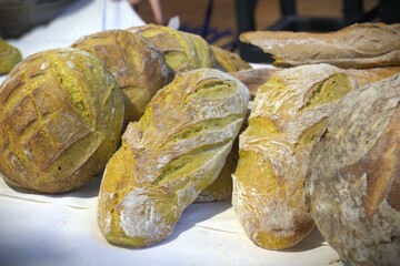 Fresh loafs of bread at a market