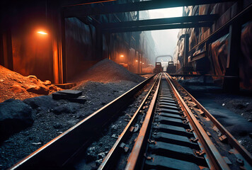 Obraz premium Coal Conveyor Belt with lights: Industrial Mining Process