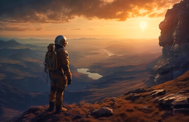 Astronaut Witnessing Cosmic Sunset on Mountaintop