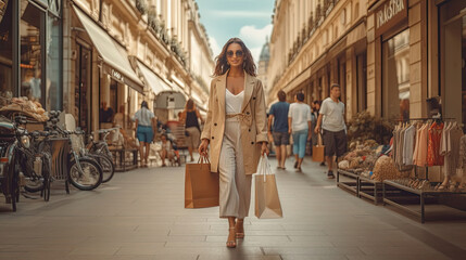 A beautiful model woman walking with shopping bags buying clothes in stores on a city street in france. fashionable lady with high heels. Generative Ai - Powered by Adobe