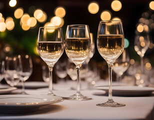 Glasses placed on restaurant table with table coordination setup and sparkling bokeh background