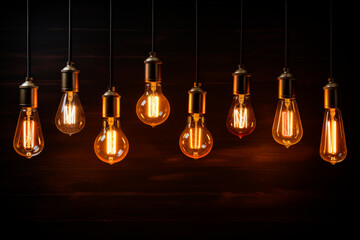 Group of different vintage incandescent light bulbs illuminated in a dark environment