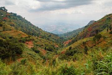Fototapeta na wymiar Panoramic mountain landscapes with houses and small scale agriculture farms on Uluguru Mountains, Tanzania