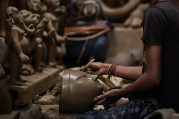 Making of goddess Durga idol. These idols are made for Durga puja, the biggest festival of Kolkata,...