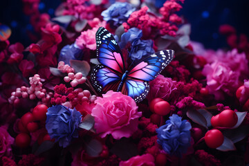 A stunning and vibrant butterfly graces the tranquil embrace of nature's beauty. Its wings, painted with a mesmerizing palette of colors, flutter with grace as it dances amidst the serene landscape. 