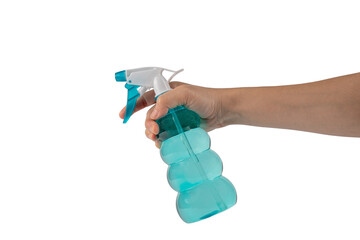 Spray bottle in hand, isolated on transparent background