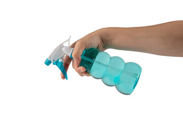 Spray bottle in hand, isolated on transparent background