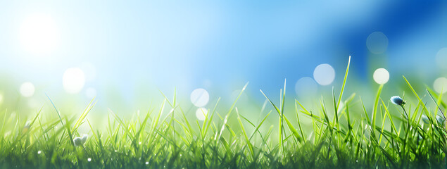 Obraz premium Lush green grass as far as the eye can see, bathed in the glow of a brilliant sun. The azure skies above are adorned with wispy clouds, and the sun's rays perfect day in the great outdoors.