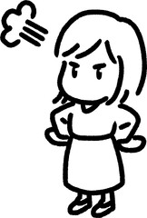 怒る女性のミニデフォルメのシンプルな女性イラスト＿モノクロ
