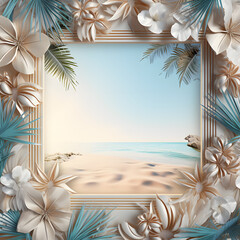 Summer beach frame featuring blue skies, white sand, and a tropical holiday vibe.