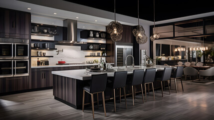 Fototapeta na wymiar Step into a chef's dream kitchen, where modernity meets functionality. The highly detailed photography showcases state-of-the-art appliances, a spacious layout, and elegant finishes.