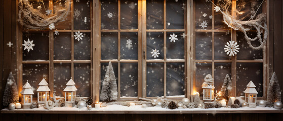 Christmas wooden window and frames decorated with Net