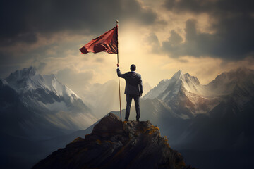 Backlit businessman with flag standing on mountain top.Sky background.Leadership and victory concept.