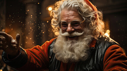 Obraz premium Dancing friendly santa claus . Happy party. Disco lights