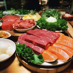 Mixed with Sashimi in Japanese Cuisine Buffet. AI Generative