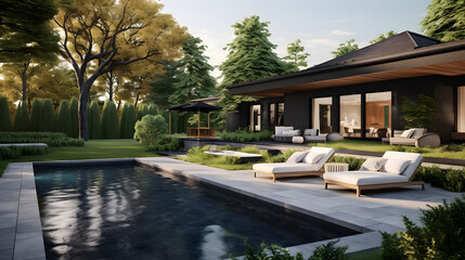 Experience the seamless integration of indoor and outdoor spaces in this modern home. The photograph captures a serene backyard with a stylish patio, lush landscaping, and an inviting pool.