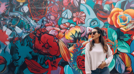 Hispanic woman in front of floral graffiti mural - Powered by Adobe
