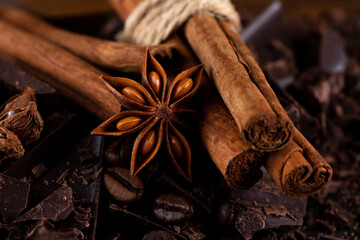 Pieces of chocolate and spices on the table