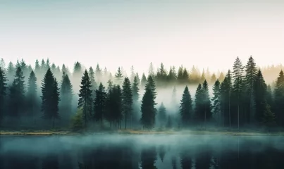 Wall murals Forest in fog misty morning in the mountains
