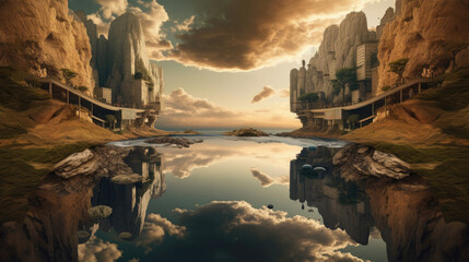 Parallel universe with lake & futuristic architecture