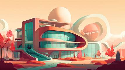 Cute neo-futuristic school building illustration