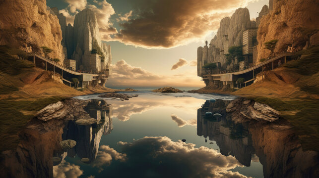 Parallel universe with lake & futuristic architecture