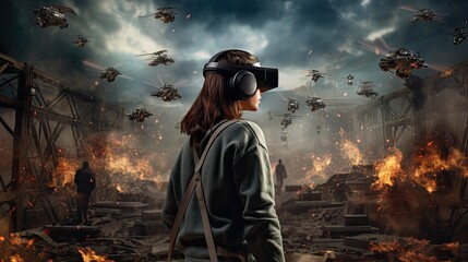 Model engrossed in a VR gaming scenario, equipped with controllers, surrounded by a virtual battlefield