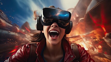 Model experiencing a VR roller coaster ride, capturing her thrill and emotion - obrazy, fototapety, plakaty