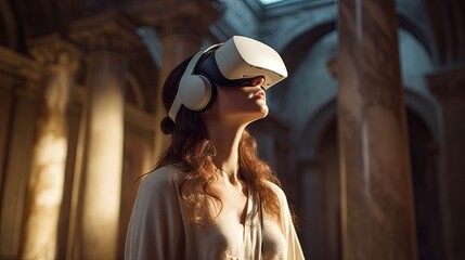 Model exploring a virtual museum through a VR headset, emphasizing her curiosity