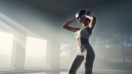 Model in a VR fitness scenario, practicing virtual yoga in a serene digital environment