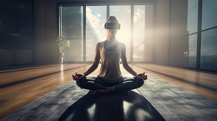 Model in a VR fitness scenario, practicing virtual yoga in a serene digital environment